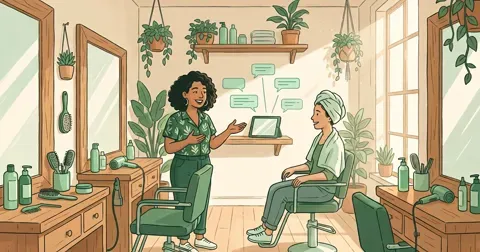 Ilustración de la dueña de una peluquería conversando cara a cara con una clienta sentada, mientras una tableta en un estante detrás de ellas atiende varios chats en silencio