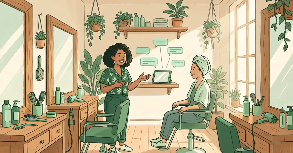 Ilustración de la dueña de una peluquería conversando cara a cara con una clienta sentada, mientras una tableta en un estante detrás de ellas atiende varios chats en silencio