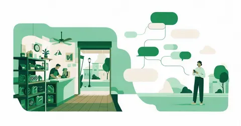 Ilustración de un pequeño comercio latinoamericano junto a un flujo de conversación que se bifurca entre respuesta automática y derivación a una persona del equipo.