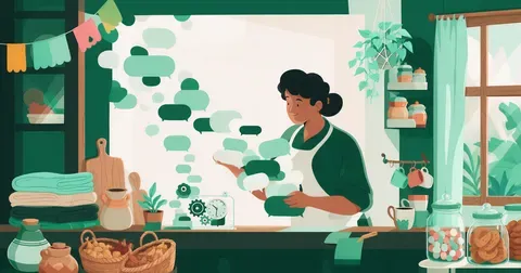 Ilustración de un comerciante latinoamericano separando mensajes repetitivos, que van a un mecanismo automático, de los mensajes que atiende en persona.