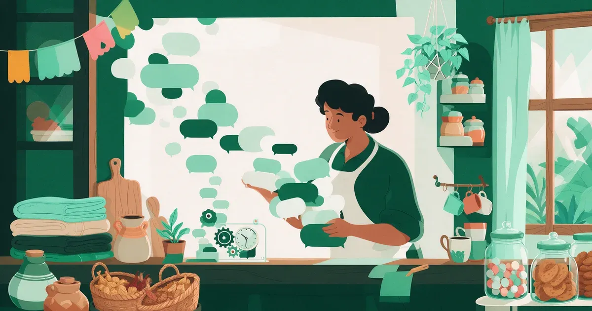 Ilustración de un comerciante latinoamericano separando mensajes repetitivos, que van a un mecanismo automático, de los mensajes que atiende en persona.