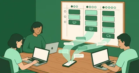 Ilustración de tres vendedores de una pyme que reciben los mensajes de un mismo WhatsApp repartidos y ordenados en un tablero de ventas