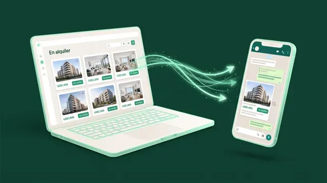 Ilustración: un sitio web inmobiliario con listados de apartamentos envía sus productos a un chat de WhatsApp en el móvil.