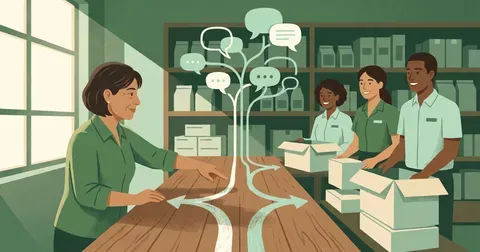 Ilustración de una gerente de una pequeña distribuidora comparando dos caminos para organizar los chats de su equipo de ventas