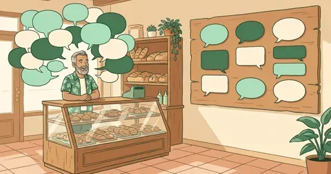 Ilustración de un panadero detrás de su vitrina; a un lado, una nube caótica de burbujas de chat se ordena al otro lado en tres columnas sobre una tabla de madera