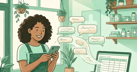 Hoja de cálculo con una lista de clientes que se convierte en burbujas de WhatsApp personalizadas en un teléfono.