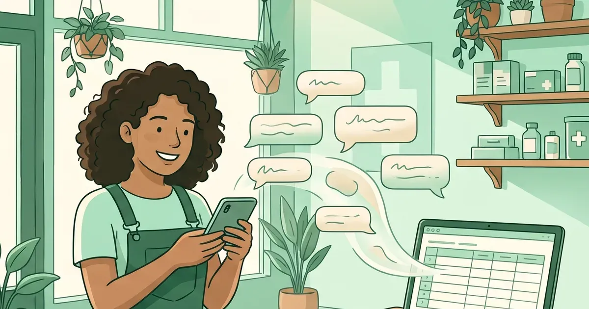 Hoja de cálculo con una lista de clientes que se convierte en burbujas de WhatsApp personalizadas en un teléfono.