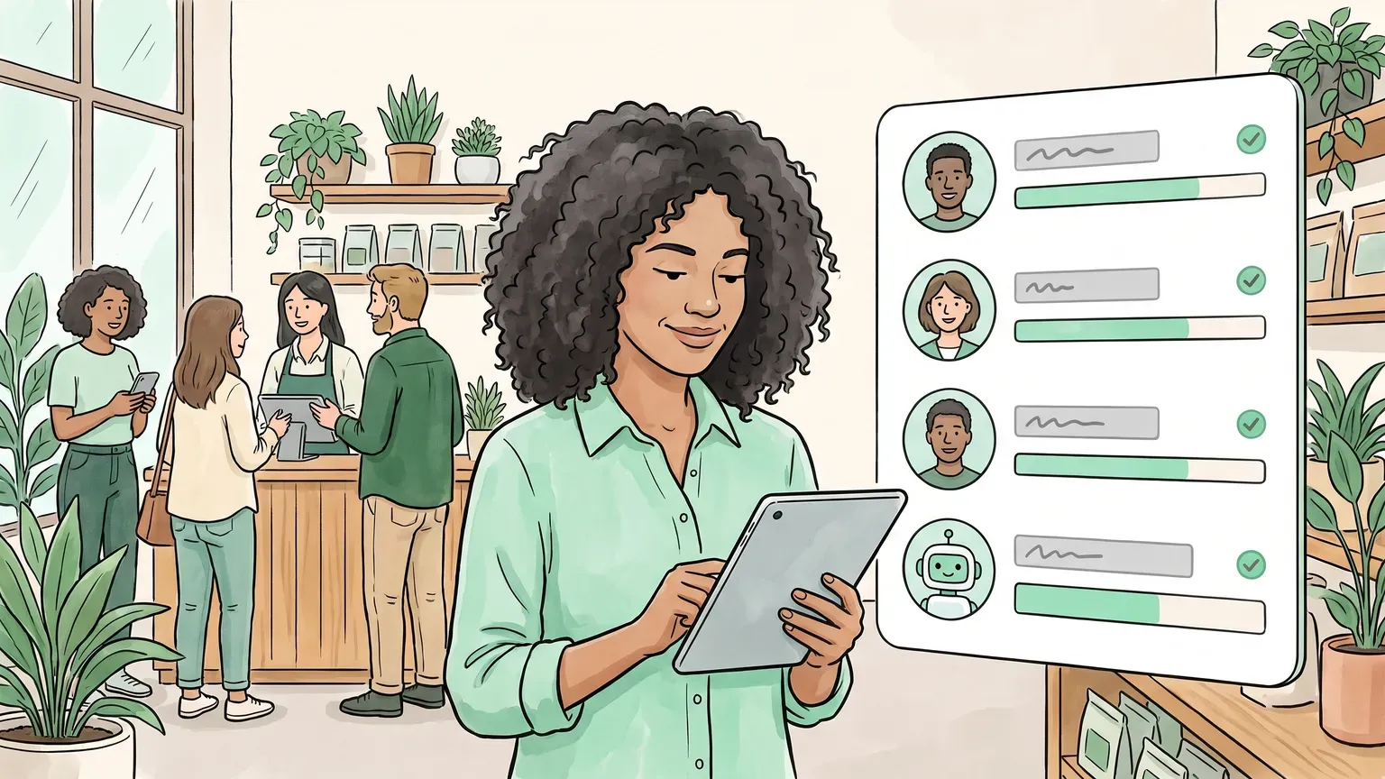 Dueña de una tienda revisa su tableta junto a una tabla con los agentes de su equipo, incluido un asistente de inteligencia artificial, con barras de progreso y marcas de verificación, mientras al fondo su equipo atiende clientes en el mostrador