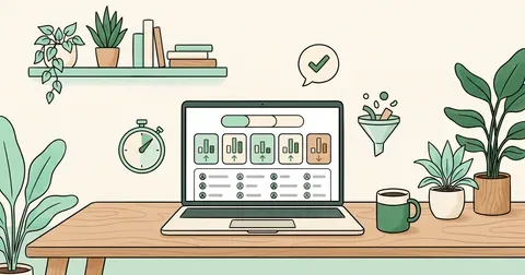 Laptop sobre un escritorio con plantas que muestra un panel de indicadores: tarjetas con flechas de subida y bajada, un selector de periodo y una tabla con los agentes del equipo.