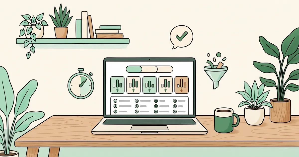 Laptop sobre un escritorio con plantas que muestra un panel de indicadores: tarjetas con flechas de subida y bajada, un selector de periodo y una tabla con los agentes del equipo.