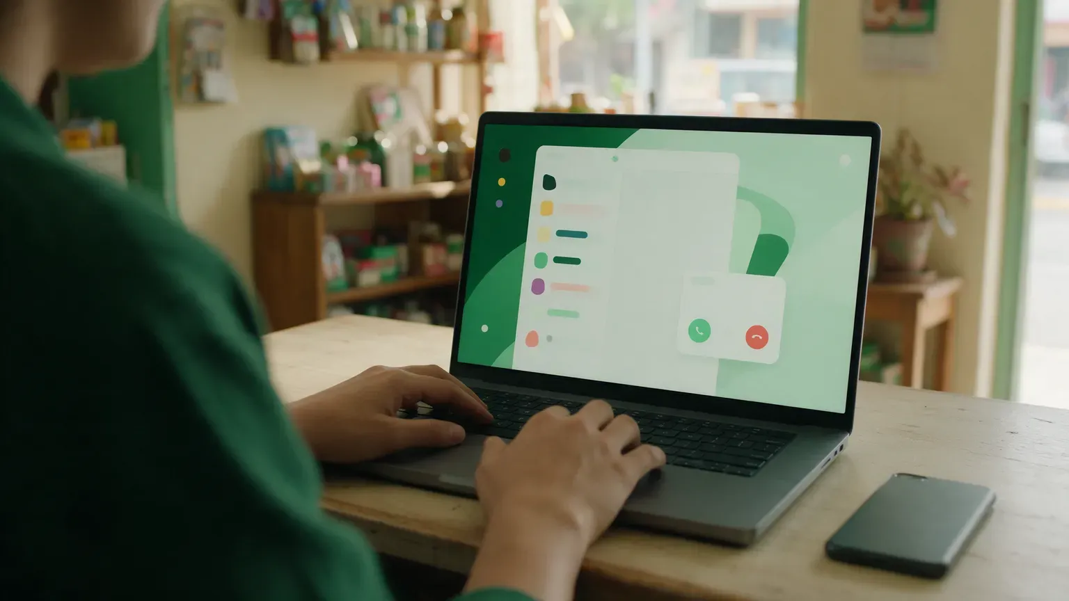 Vista de cerca de una laptop con una bandeja de chats y el panel flotante de una llamada entrante, con los botones verde de contestar y rojo de colgar, y un teléfono sobre el escritorio