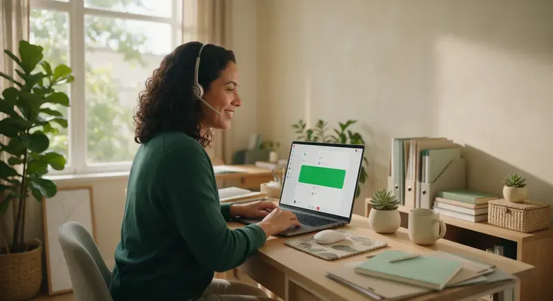 Agente en un negocio de Latinoamérica contestando una llamada de WhatsApp con auriculares desde su laptop, con el banner verde de llamada entrante en la pantalla