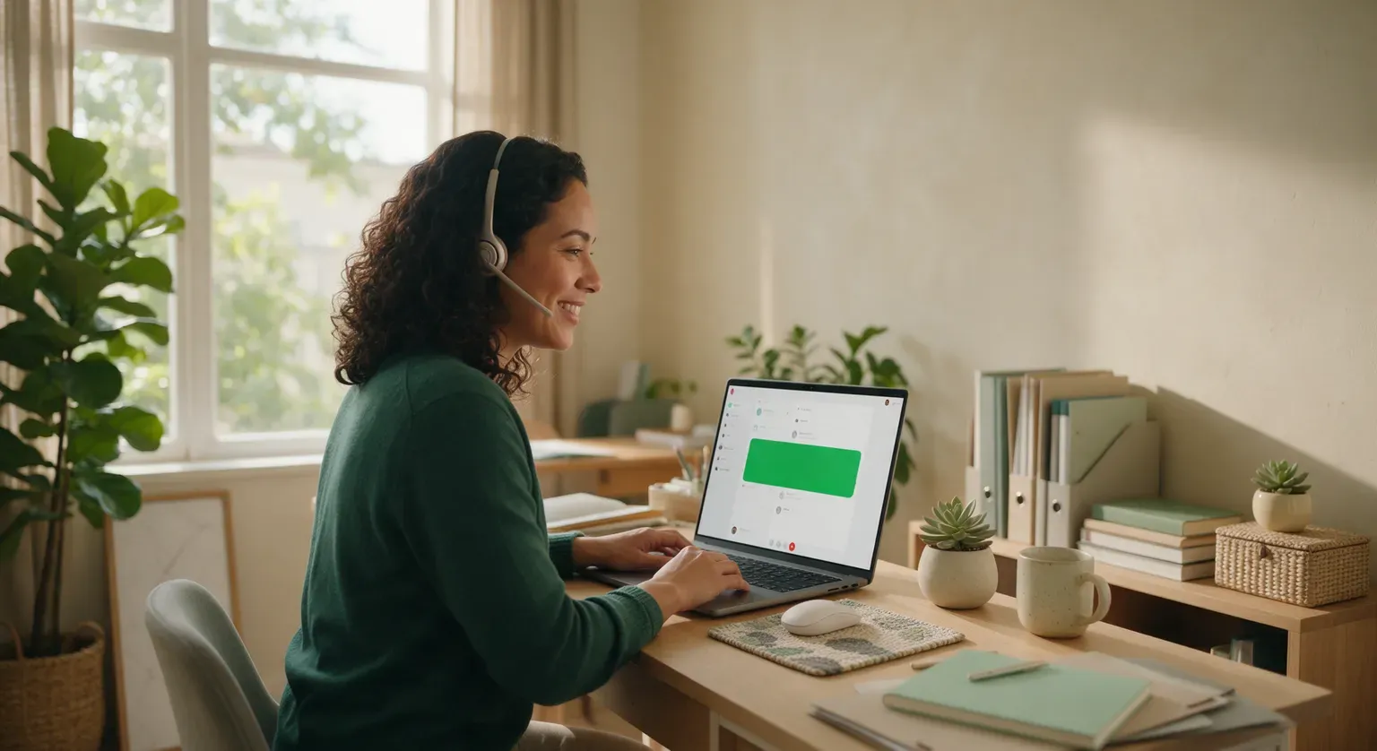 Agente en un negocio de Latinoamérica contestando una llamada de WhatsApp con auriculares desde su laptop, con el banner verde de llamada entrante en la pantalla