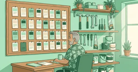 Ilustración del dueño de una pequeña ferretería revisando en un escritorio de madera ordenado un tablero de tarjetas de clientes con etiquetas de colores, con estantes de herramientas detrás