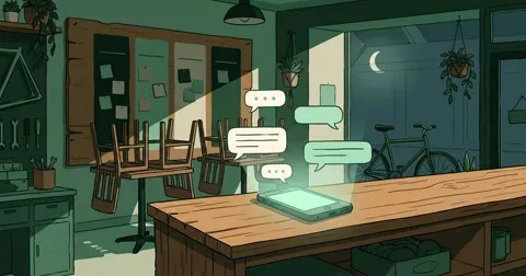 Ilustración de una pequeña tienda de barrio de noche, ya cerrada y con las luces apagadas, con una luna creciente en la ventana y un teléfono sobre el mostrador que sigue respondiendo a clientes con burbujas de chat