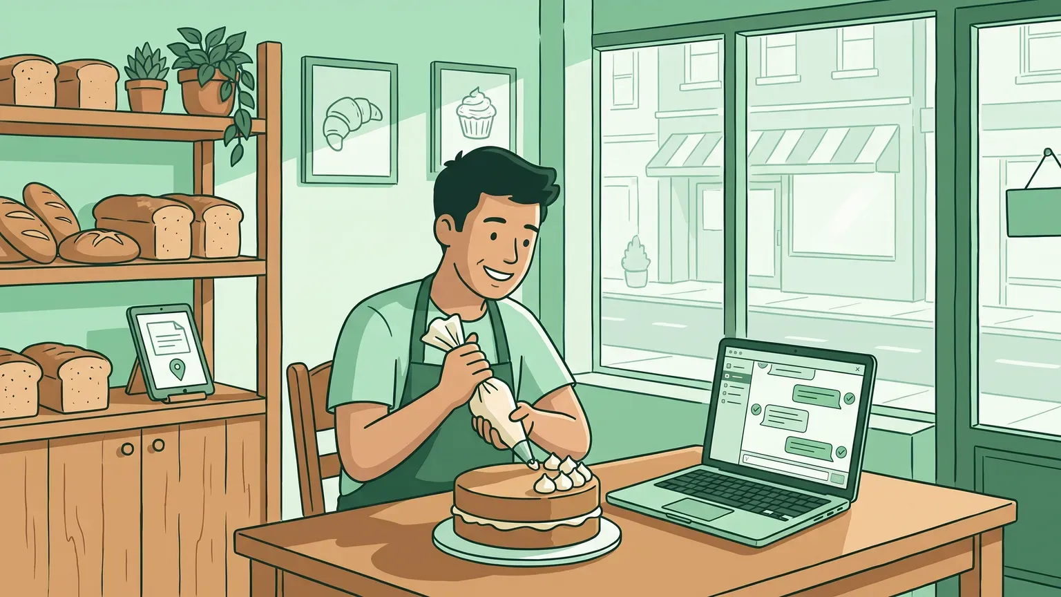 Dueño de una panadería decorando un pastel con calma mientras su laptop muestra la bandeja de chats con varias conversaciones ya respondidas de forma automática