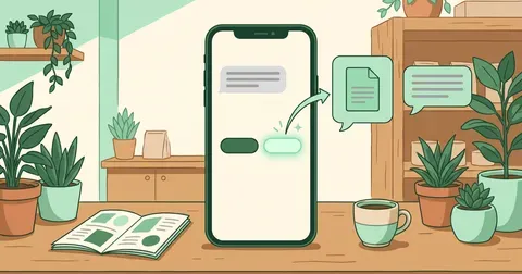 Teléfono sobre el mostrador de una tienda con un chat de WhatsApp: el cliente toca un botón de respuesta rápida y de inmediato llegan un documento y un mensaje de texto.