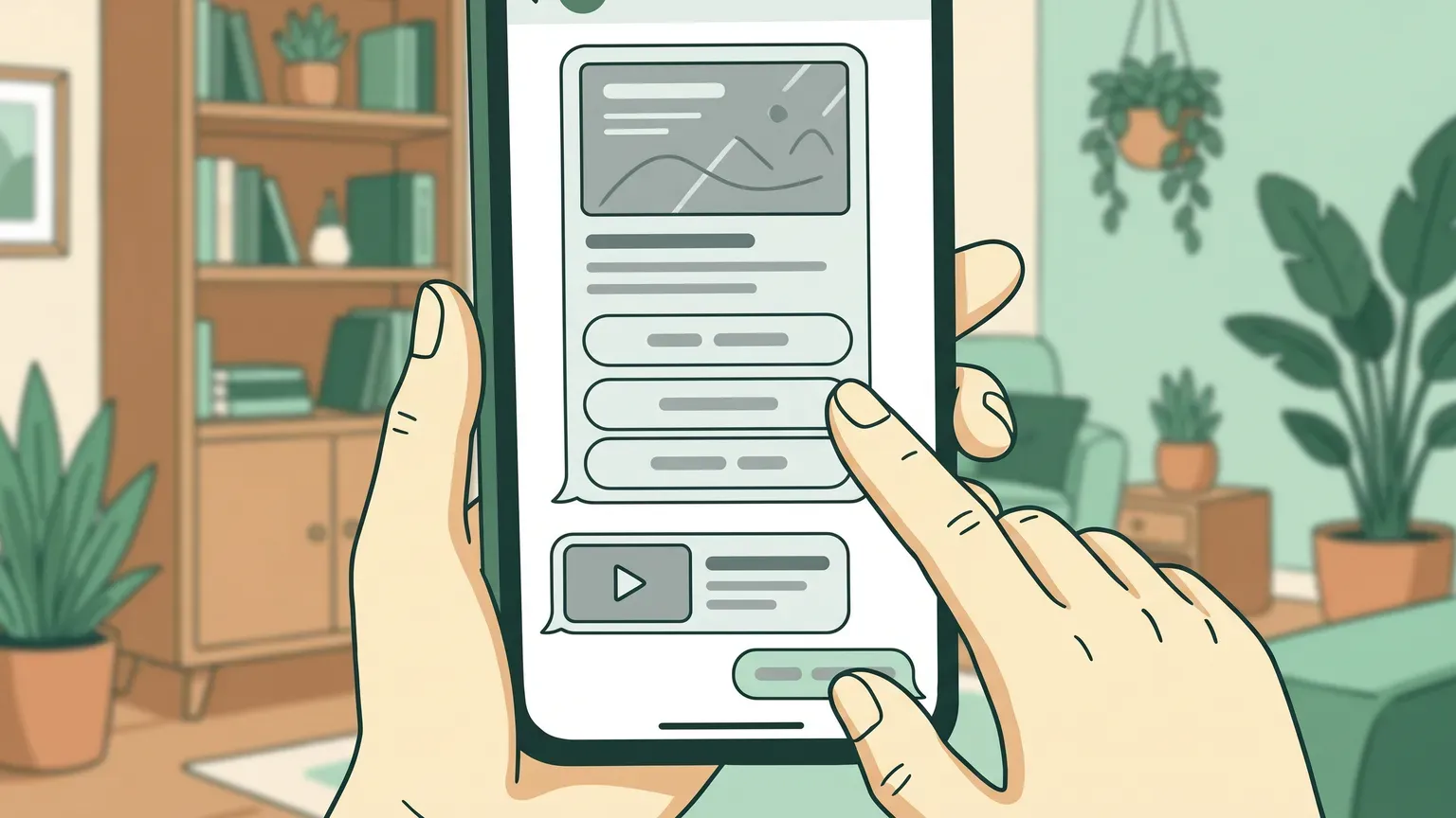 Mano sosteniendo un teléfono con una plantilla de WhatsApp de tres botones de respuesta rápida; el pulgar toca el botón del medio y debajo ya llegaron un video y un mensaje de respuesta