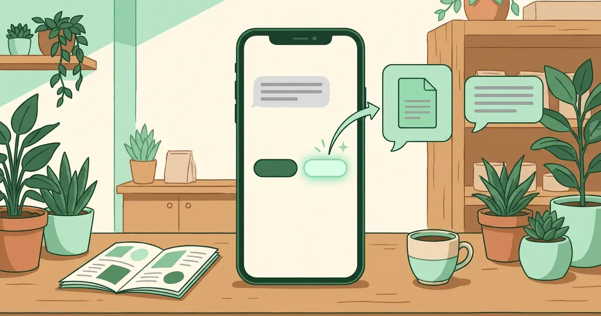 Teléfono sobre el mostrador de una tienda con un chat de WhatsApp: el cliente toca un botón de respuesta rápida y de inmediato llegan un documento y un mensaje de texto.