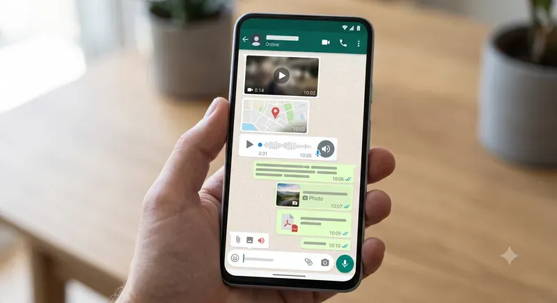 Conversación de WhatsApp mostrando los distintos tipos de mensaje del Cloud API: video, ubicación, nota de voz, texto, imagen y documento PDF