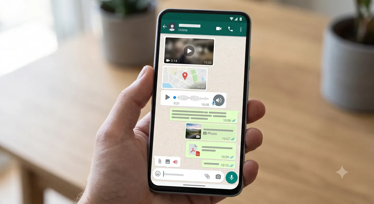 Conversación de WhatsApp mostrando los distintos tipos de mensaje del Cloud API: video, ubicación, nota de voz, texto, imagen y documento PDF