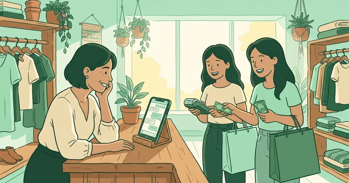 Ilustración de una dueña de boutique sonriente y relajada, apoyada en su mostrador de madera mientras su celular en un soporte responde burbujas de chat, y dos clientas contentas pagan con bolsas de compra