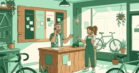 Ilustración de dos vendedores de una pequeña tienda de bicicletas organizando conversaciones con clientes junto a un tablero de etapas de venta