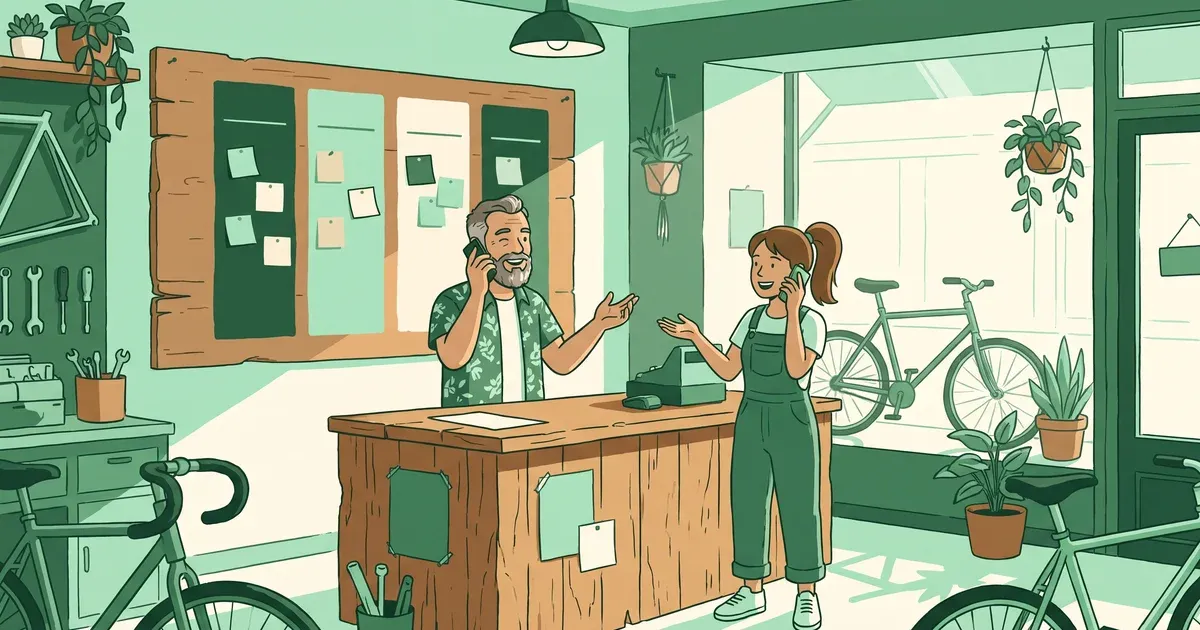Ilustración de dos vendedores de una pequeña tienda de bicicletas organizando conversaciones con clientes junto a un tablero de etapas de venta