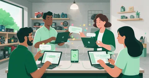 Ilustración de un equipo de cuatro personas en una pyme atendiendo un mismo número de WhatsApp desde sus propios dispositivos, con chats asignados y transferidos