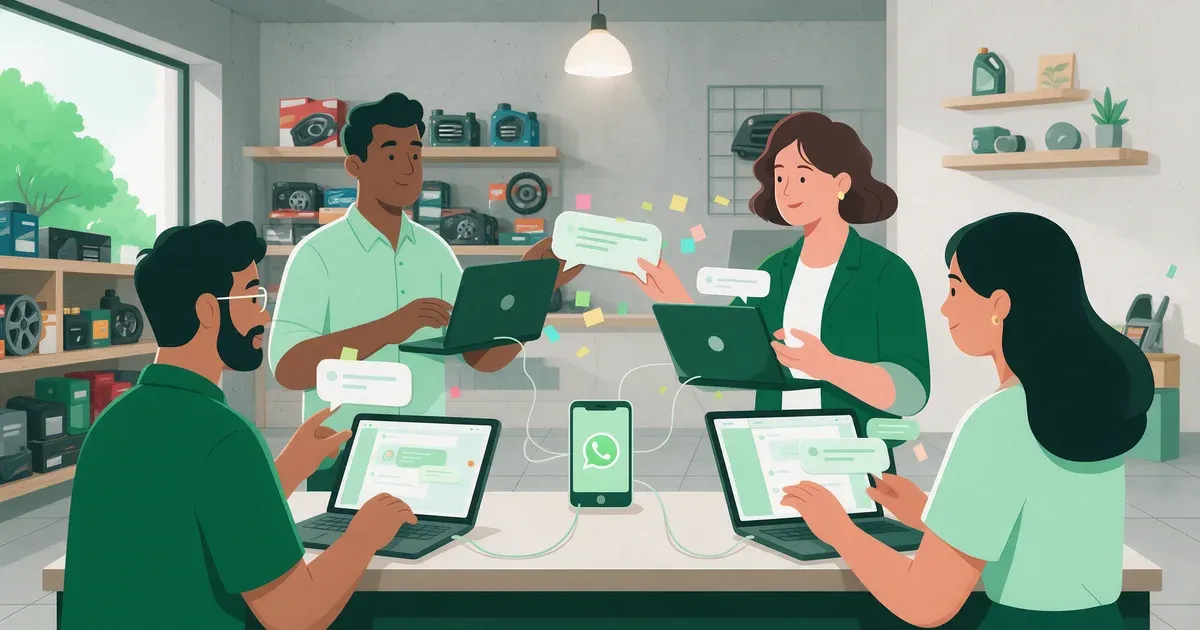 Ilustración de un equipo de cuatro personas en una pyme atendiendo un mismo número de WhatsApp desde sus propios dispositivos, con chats asignados y transferidos